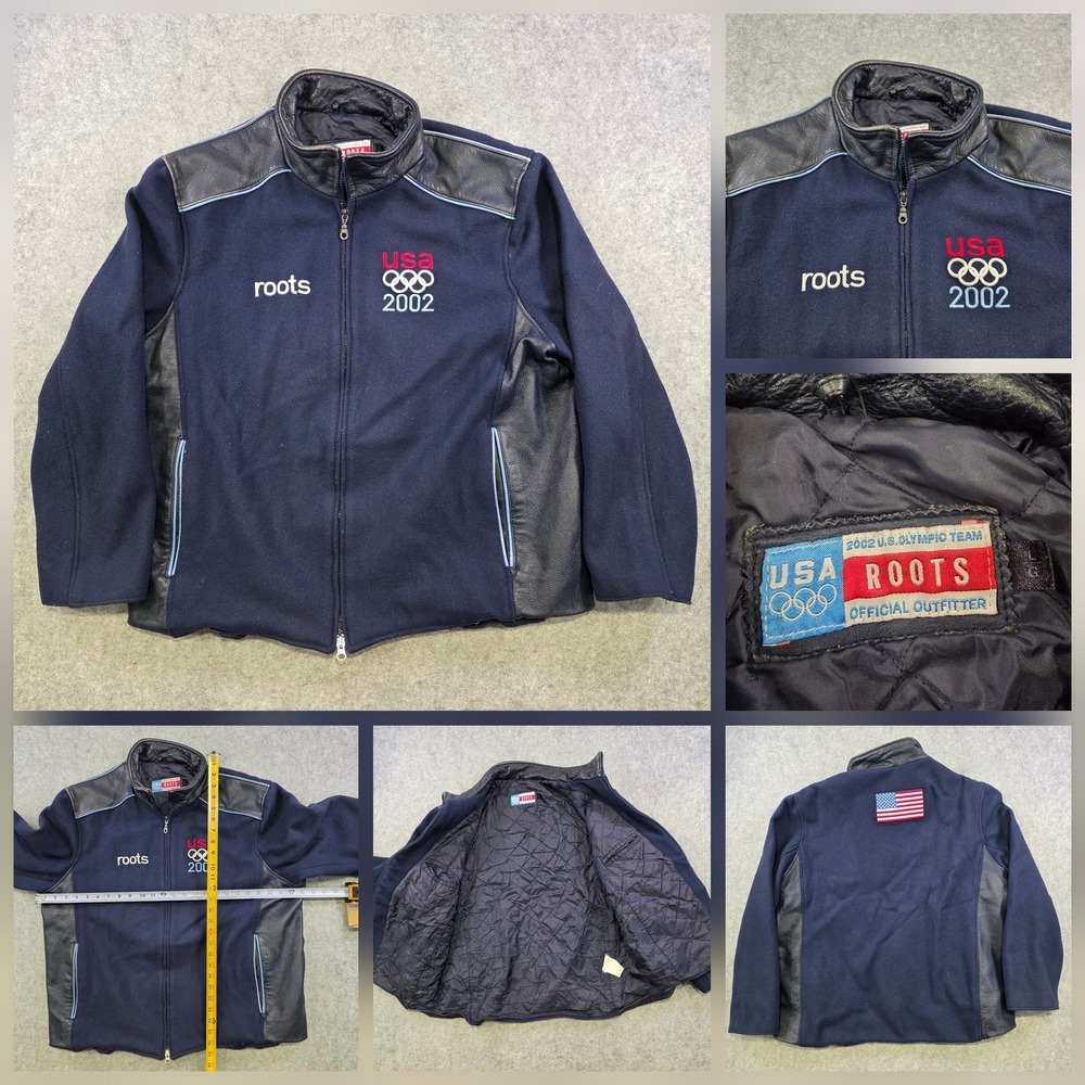 Vintage USA Olympic Team Jacket Mens L Blue Winter Salt Lake 2002 Roots Bomber